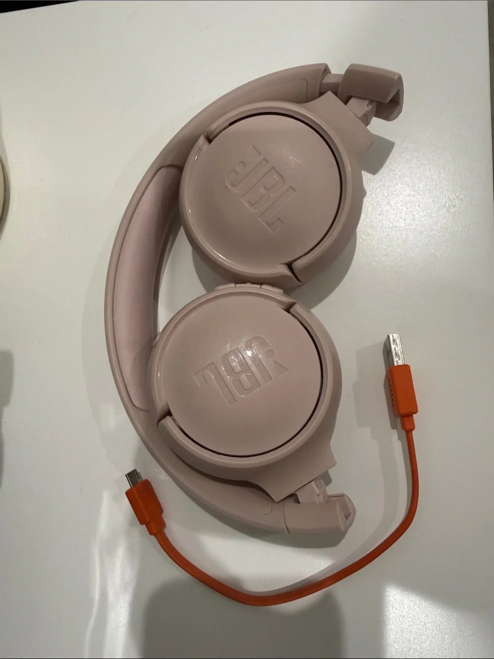 JBL Foldable Over-Ear Headphones in Blush Pink with Orange Cable